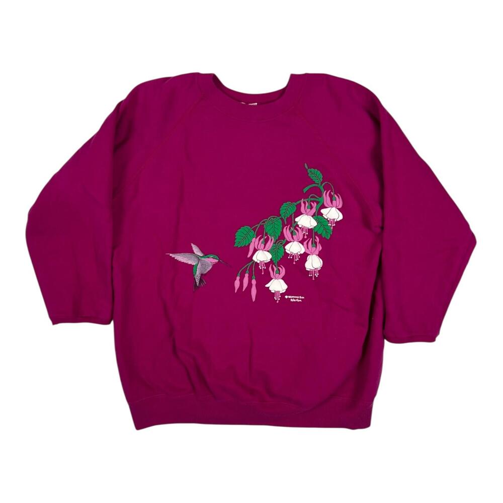 Morning Sun Hummingbird Floral Crewneck Fleece Sweatshirt Womens M Purple